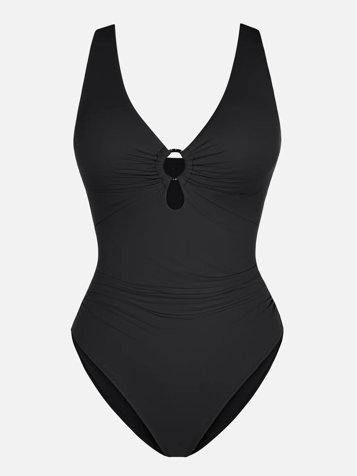 Deep V Metal Ring Ruched Sculpting Swimsuit